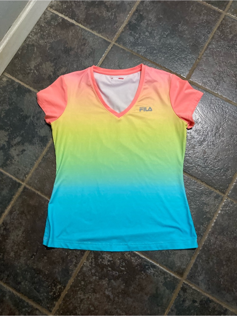 FILA Women’s Gradient V-Neck Performance Top — Pink, Yellow & Blue Size L